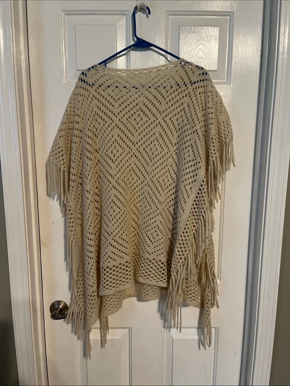 Open-Knit Fringe Poncho Sweater in Cream